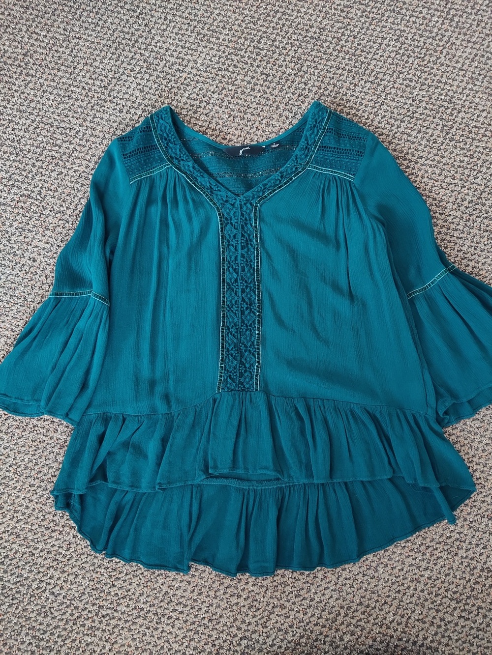 Teal Crochet-Trim Peasant Blouse - Women's Top